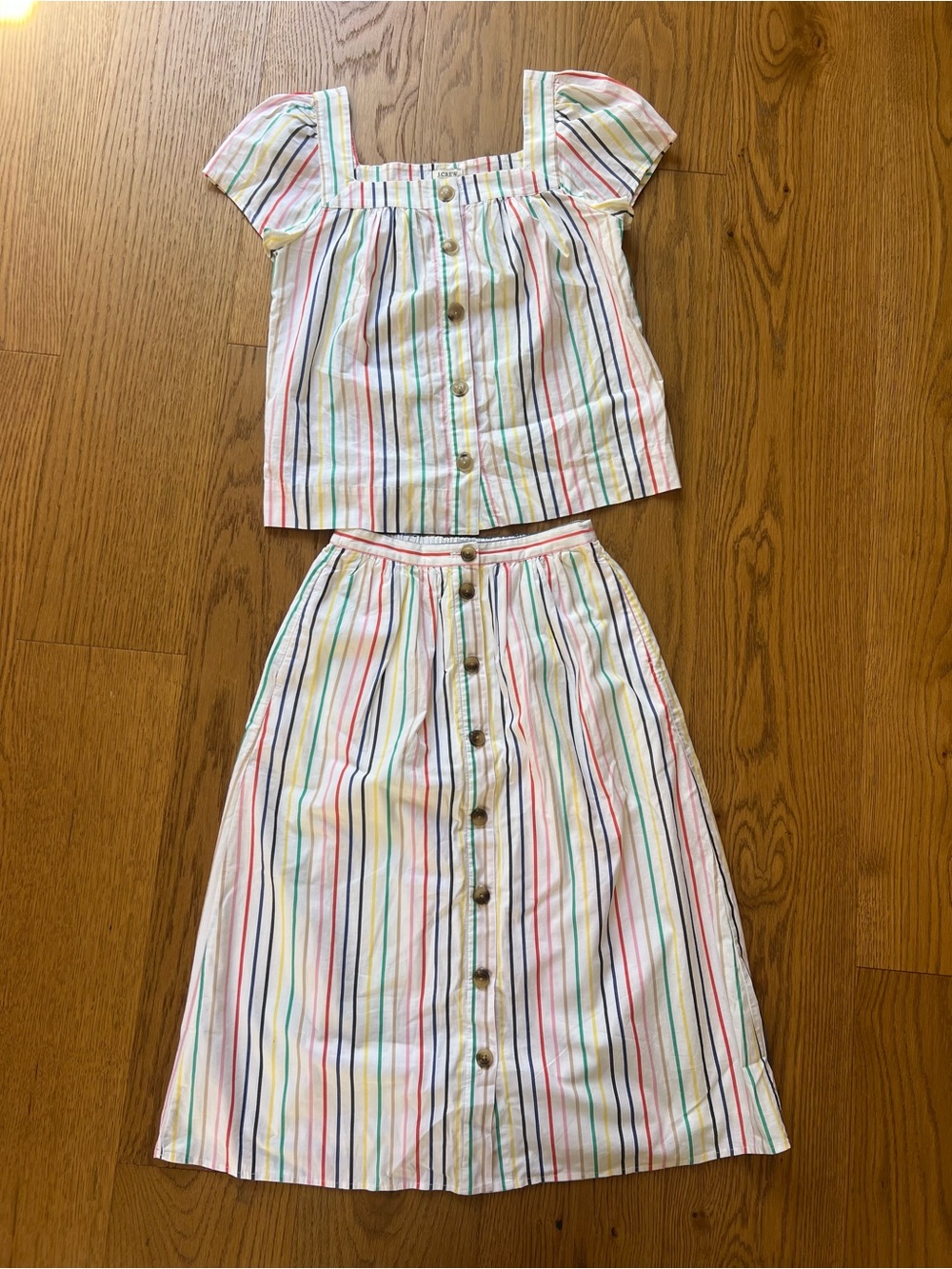 J.Crew Two-Piece Cotton Skirt/Top Set — White with Rainbow Stripes XXS